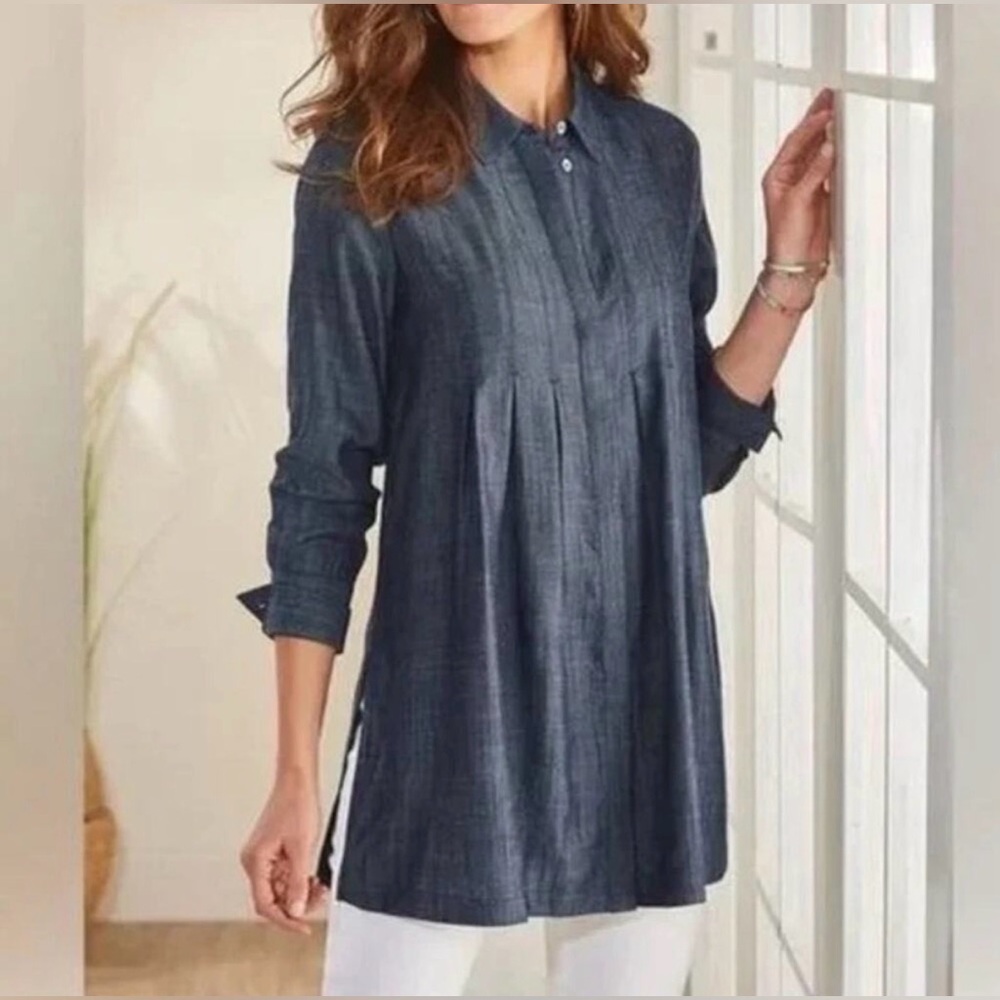 Soft Surroundings Revelle Pintuck Dark Chambray Button Down Tunic Top NWT 2XL